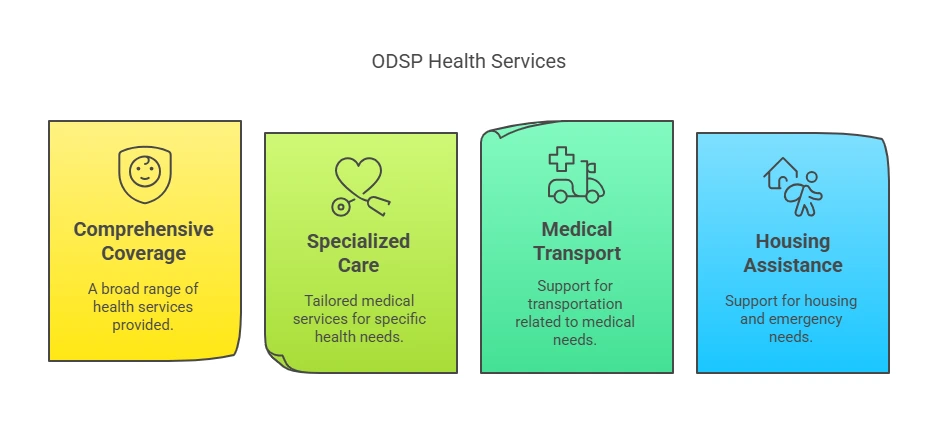 Pension Benefits infographic showing three sections: Base OAS Pension (monthly pension), Guaranteed Income Supplement (low-income support), and Additional Supplements (spousal/survivor allowances).